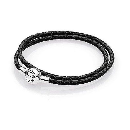 Double Round Black Leather Bracelet - Pandora