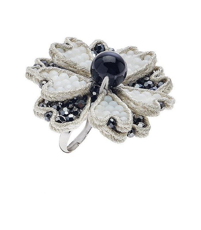 Anello Fiore con Cristalli, Perline e Strass Bianchi e Neri - Ottaviani