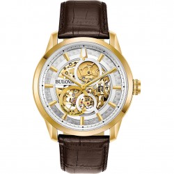 Automatic Men's Watch Brown Leather Golden Steel Case with Visible Movement - Bulova