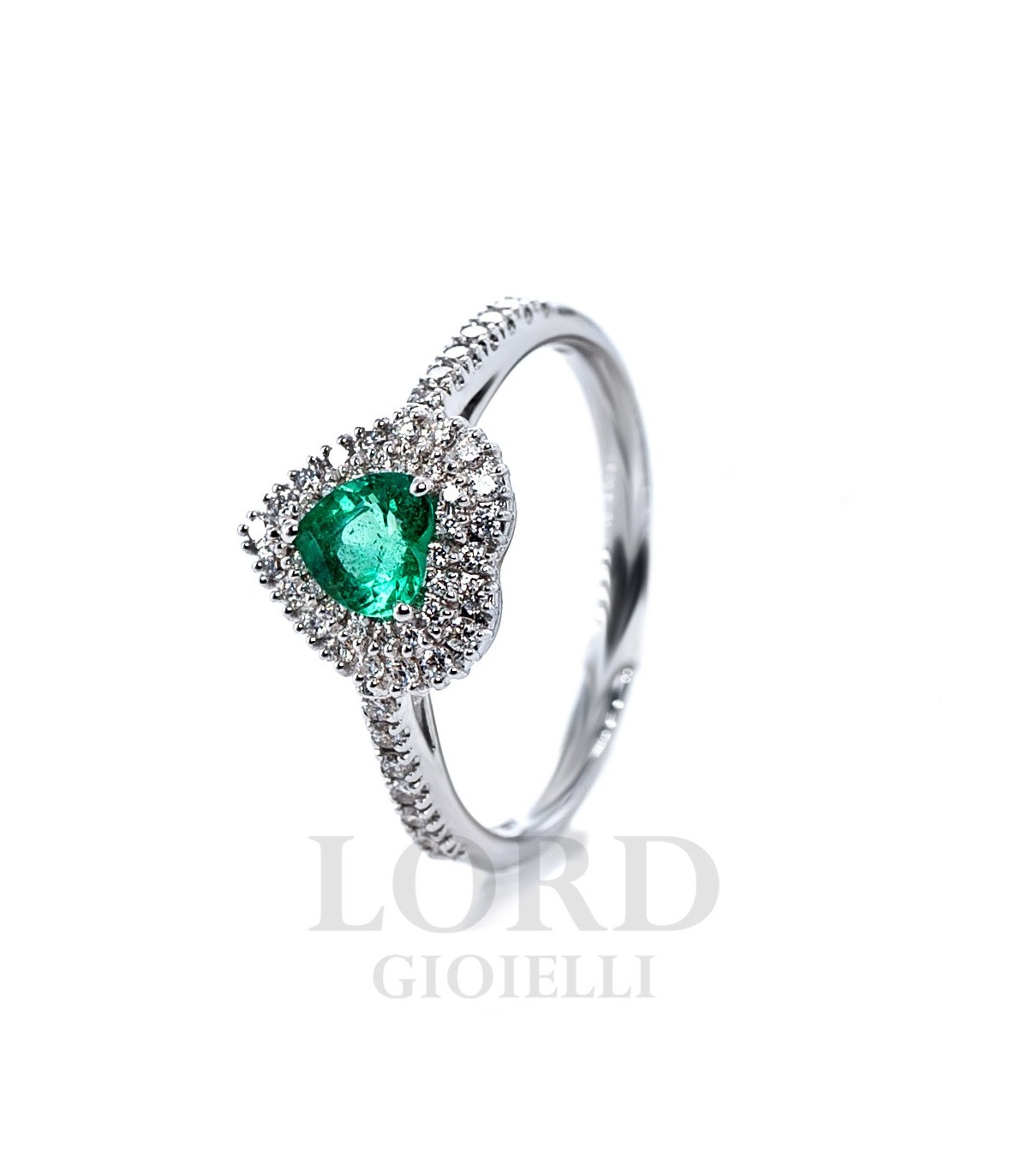 Anello Davite Delucchi Donna in Oro Bianco Cuore con Smeraldo e Brillanti