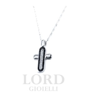 Collana Uomo in Oro Bianco con Croce con Diamanti Bianchi e Neri - Nardelli