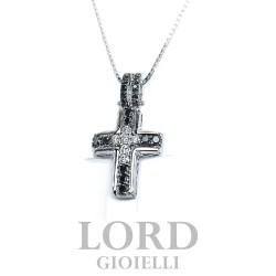 Collana In Oro Bianco Croce con Diamanti Bianchi ct.0.10 G SI e Diamanti Neri ct. 0.19 - Davite & Delucchi
