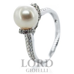 Anello Donna in Oro Bianco con Perla 8/8.5mm e Diamanti ct. 0.35 G VS- Giorgio Visconti