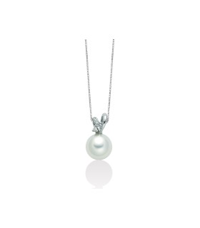Necklace in White Gold with Pearl 8,5 / 9 and Intertwined Diamonds - Yukiko