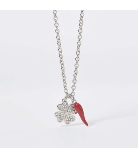 Collana Donna in Acciaio con Cornetto Rosso e Quadrigoflio pendenti - 2Jewels