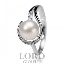 Anello Donna in Oro Bianco con Perla 7/7.5mm e Diamanti ct. 0.06 G VS- Giorgio Visconti
