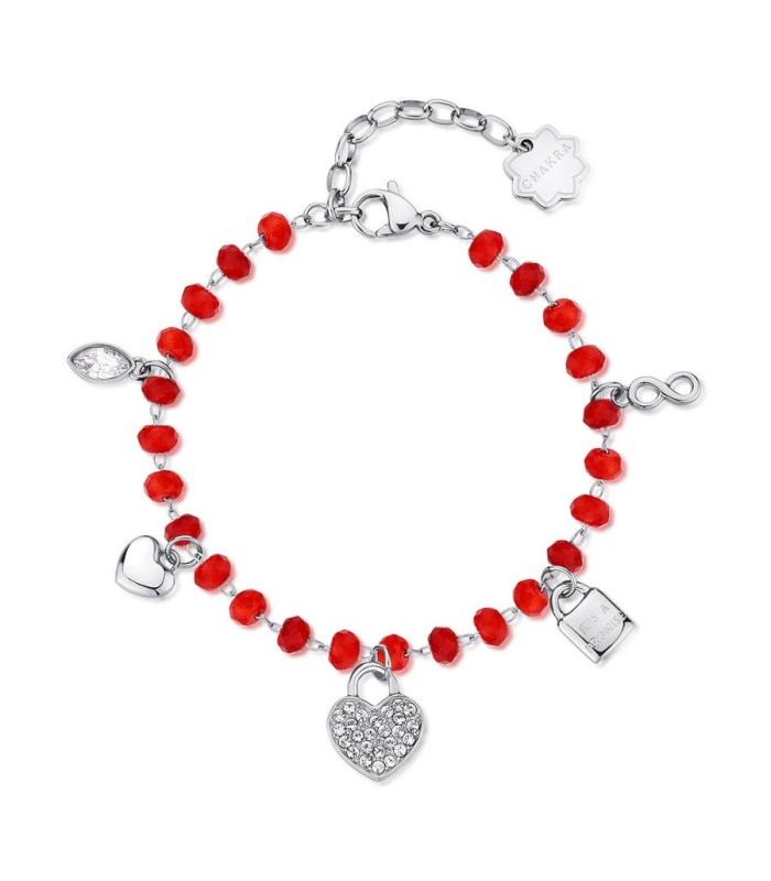 Bracciale Donna Chakra in Acciaio con Cristalli Rossi e Pendenti Cuore, Lucchetto ed Infinito BHKB138 - Brosway