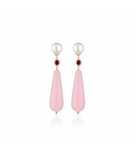 Orecchini Donna Pendenti in Argento Rosè con Perle D'acqua Dolce, Zirconi Fuxia e Giada Rosa LGEA532 - Le Lune Glamour