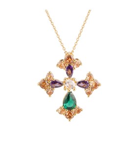Collana Donna Judith Girocollo in bronzo Dorato e Croce con Pietre Multicolor BJUKOM07 - Rebecca