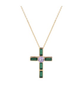 Collana Donna Judith Girocollo in bronzo Dorato e Croce con Pietre Verdi BJUKOE03 - Rebecca