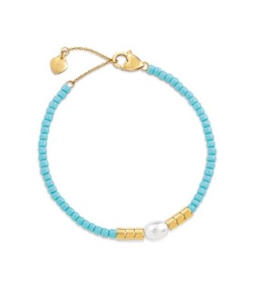Bracciale Donna in Acciaio Dorato con Perla Bianca e perline Turchesi OPSBR-816 - Ops Objects