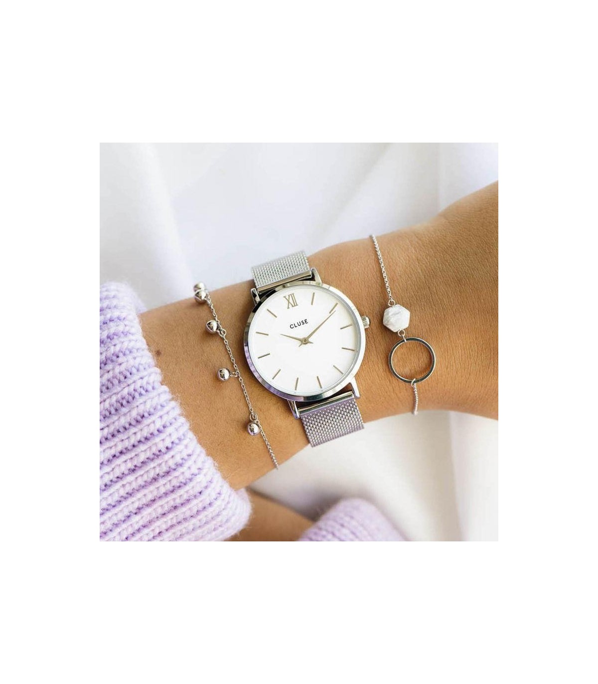 Minuit Mesh Silver White Woman Watch Cluse